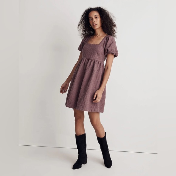 MADEWELL Women’s Floral Quilted Puff-Sleeve Doll Mini Dress in Fig Multi Jaq Lg - Picture 1 of 15